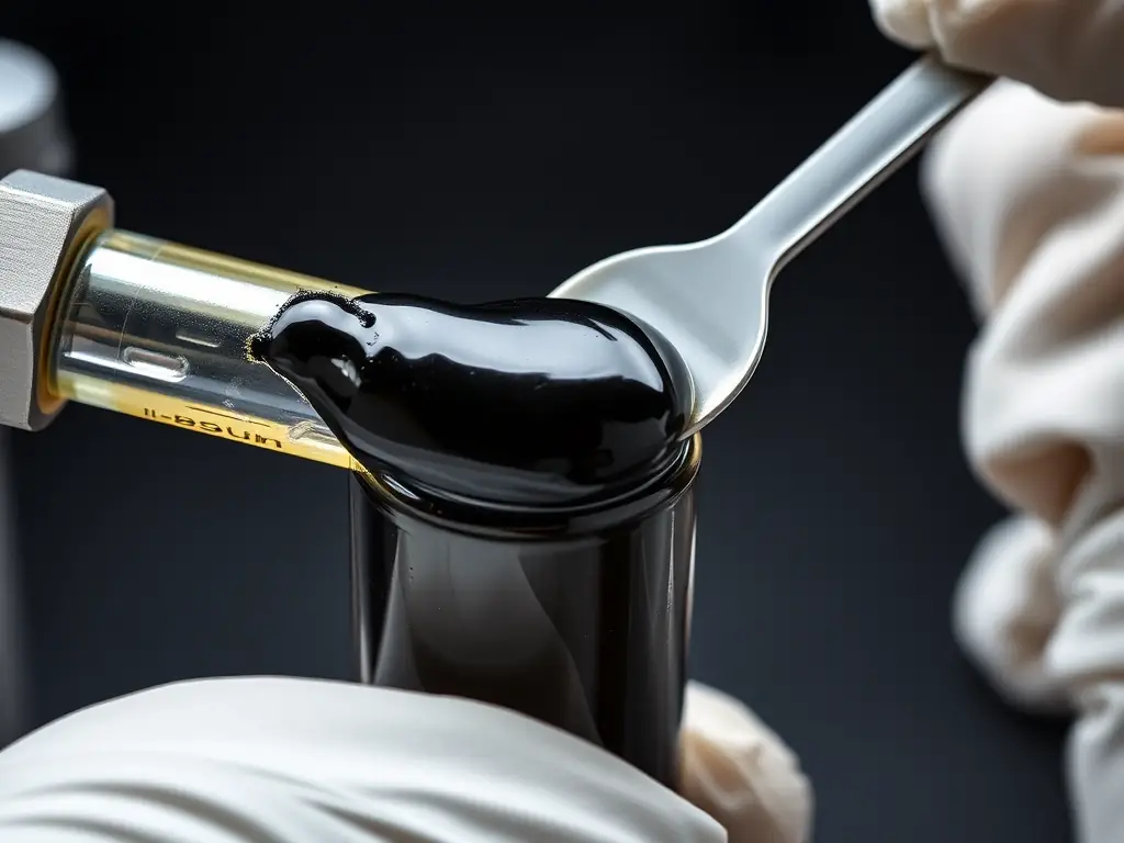 A close-up shot of bitumen being tested in a lab, emphasizing the quality control measures at Urum Bitumen.